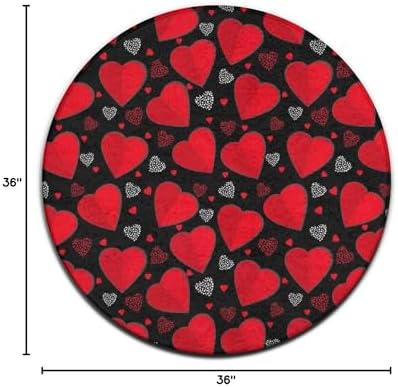 Soft Round Yoga Carpet, Large Home Decor Mat, Non-Slip Machine Washable Kitchen Office Circle Rug Compatible with Valentine's Day Elegant Red Love Heart Black