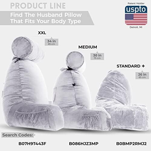 Husband Pillow Medium Reading Pillow with Arms - 23" Backrest for Sitting Up in Bed - Firm Support Bed Rest Pillow for Adults, Neck Roll, Removable Cover - TV, Reading, Lounging - Light Grey