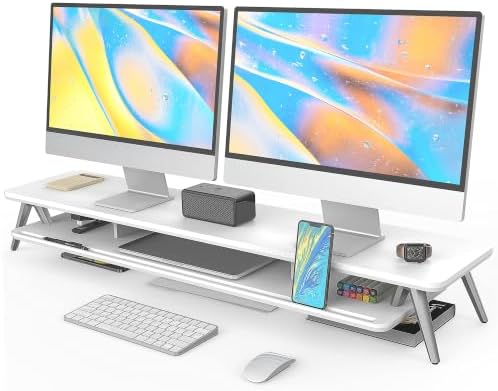 Fenge Dual Monitor Stand Riser, Wooden Desk Shelf with 2-Tier Storage