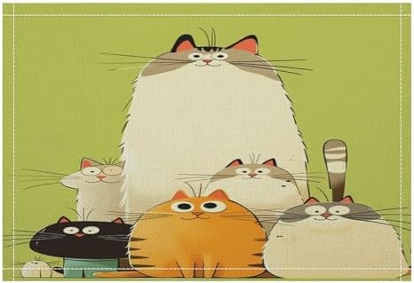 Cute Cats Family Cartoon Linen Placemats Set of 2PCS, Heat Resistant Non-Slip Washable Table Placemats for Dining Everyday Use Hotel Banquet Home Decor