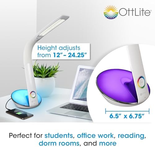 OttLite LED Desk Lamp with Color Changing Base and USB Port, White