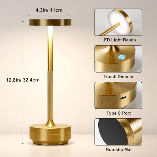 Cordless Table Lamp Rechargeable, 72h Battery Powered Table Light, 2 Gold