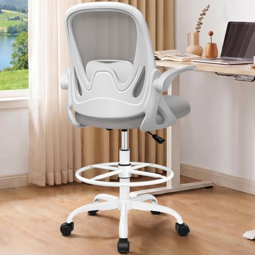 Drafting Chair Tall Office Chair with Flip-up Armrests, Adjustable Height, and Enhanced Lumbar Support - Ergonomic Rolling Stool, Back Support, and Adjustable Foot Rest Ring for Standing Desk Gray