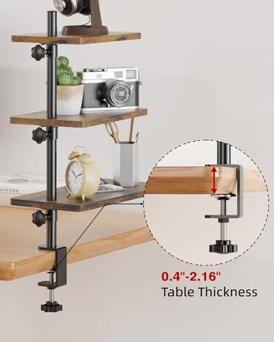 3 Tiers Clamp On Desk Shelf, 360° Angle Adjustable Desktop Shelf Organizer for Home Office Gaming Room, No Drill Desk Extender Adapt to 0.4-2.16 inches Table Thick, Black Brown