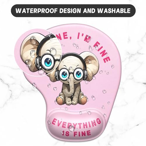 ITNRSIIET Ergonomic Mouse Pad Coaster Set with Gel Wrist Support Wrist Rest Smooth Surface Non-Slip PU Base Comfortable Office Supplies Pain Relief, 9.5 x 8.3 inches, Pink Pretty Elephant
