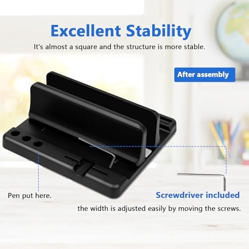 Vertical Laptop Stand Holder, ABS Organizer with Adjustable Dock, 3/4 in 1 Design Extra Storage Space-Saving, Sturdy Laptop Computer Holder for PC, MacBook, Mini PC, iPad (Black, 1 Slot)