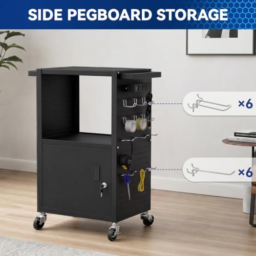 Mobile AV Cart Heavy Duty Computer Cart with Cabinet Push Handles Rolling Media Cart with Outlets Customized Pegboard & Hooks Multipurpose Utility Cart with Extra Storage Space