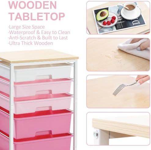 SYKIARIOL Utility Cart with Drawers,5 Drawers Storage Cart,Rose Pink