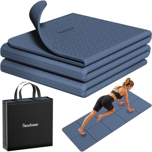 Readaeer Foldable Yoga Mat for Travel Folding Yoga Mat 6mm Thick with Carrying Bag, Non-Slip TPE Exercise Pilates Mat for 72" L x 24" W x 0.24 Inch