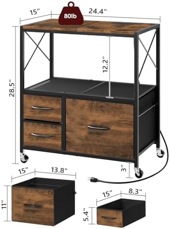 MAHANCRIS File Cabinet with Charging Station, 3 Drawer Lateral Filing Cabinet for Home Office, Mobile Printer Stand with Open Shelf, Fits A4/Letter Size File, Nonwovens Drawer, Rustic Brown FCHR98E01