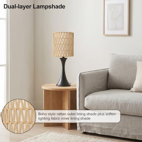 Rattan Table Lamp, 3 Way Touch Control Bedside Lamp with Dual-Layer Shade