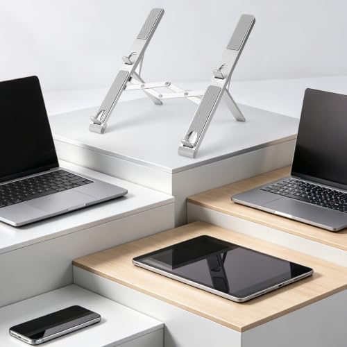 LIENS Laptop Stand, Adjustable Aluminum Ergonomic Riser - 7-Angle, Foldable Portable Ventilated Cooling, Compatible with MacBook Air Pro, HP, Dell, Lenovo, All 10-17 Inch Laptops (Silver)