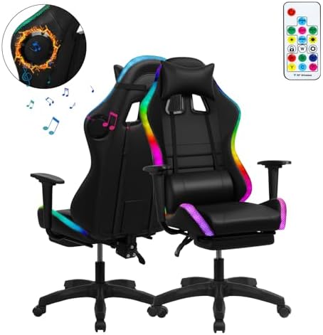 Gaming Chair with Bluetooth Speakers & Light, Ergonomic High-Back Office Chair with Adjustable Armrest, 360° Swivel & Recline, Faux Leather Racing Style Desk Chair for Gaming