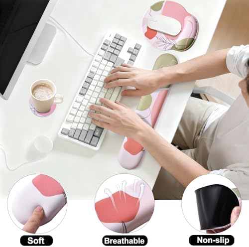 Keyboard Wrist Rest Mouse Pad with Wrist Support, Gaming Mousepad with Non-Slip Base, Ergonomic Mouse Wrist Arm Cushion Support for Home Office Laptop Computer, Easy Typing Pain Relief, Pink Flower
