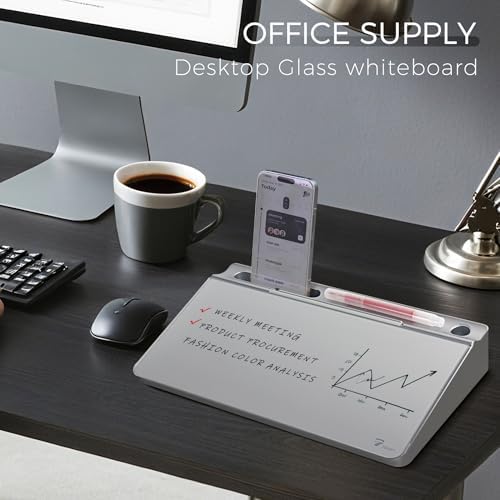 TOWON Glass Desktop Whiteboard with Storage 12x7 in, Metallic Silver