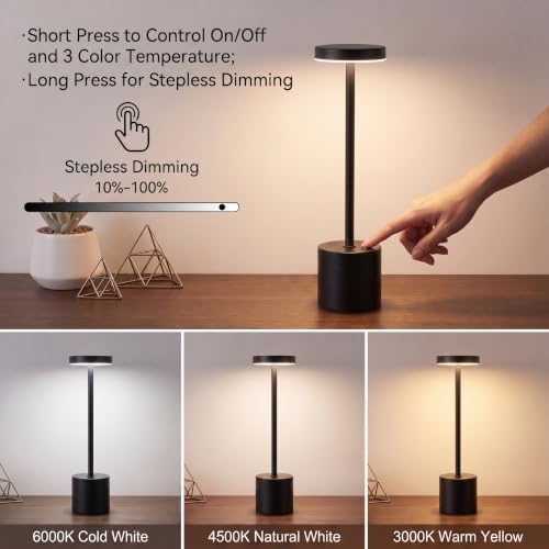 Cordless Table Lamp Set of 2, Black Rechargeable Table Light