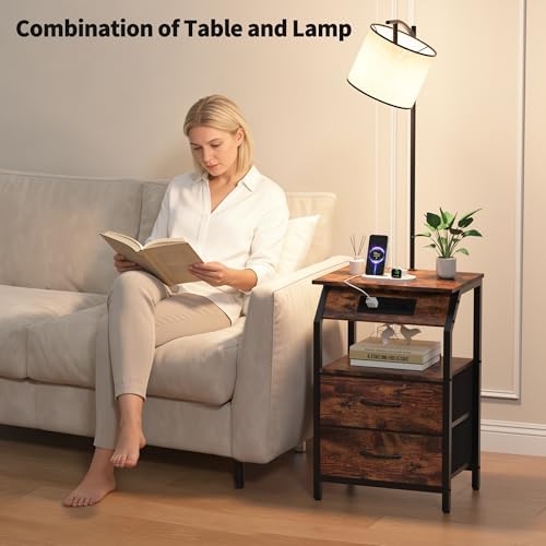 End Table with Floor Lamp, Nightstand with Charging Station, Floor Lamp Table with 3-Color Temperature Bulb, Bedside Table Night Stand with 2 Drawers for Bedroom, Living Room, Brown
