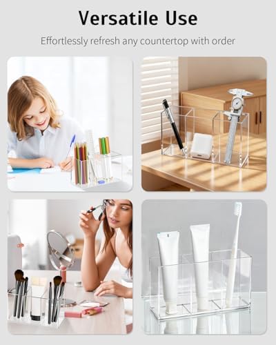 Uniclife Clear Acrylic Pen Holder for Desk, Plastic Pencil Holder Pen Organizer with 3 Compartments, Desktop Stationery Organizer for Office Home School, Vertical Makeup Brush Holder, 6.8" x 3" x 4"