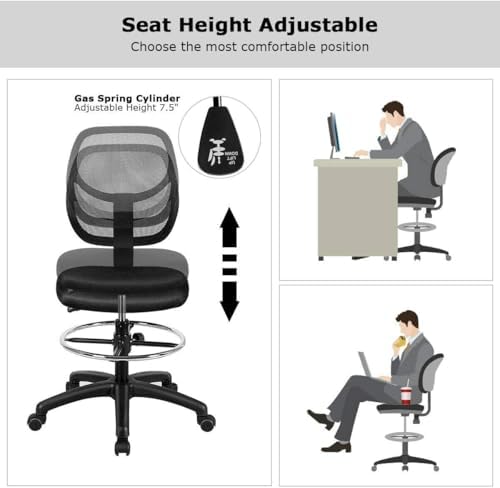 GIANTEX Tall Office Chairs Set of 2, Drafting Chair with Back, Height Adjustable Home Office Chair on Wheels, Ergonomic Computer Standing Desk Chair with Footrest Ring for Bedroom, Black