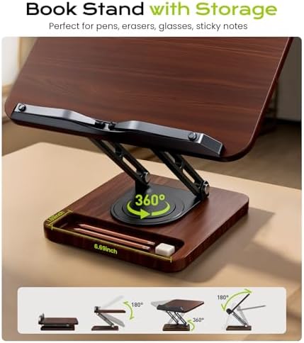 LOXP Book Stand with Storage, 360° Rotating Cookbook Stand, Ergonomic