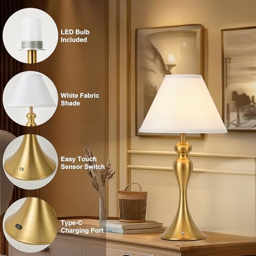 Cordless Table Lamp Rechargeable, Battery Night Light Fabric Shade, Brass