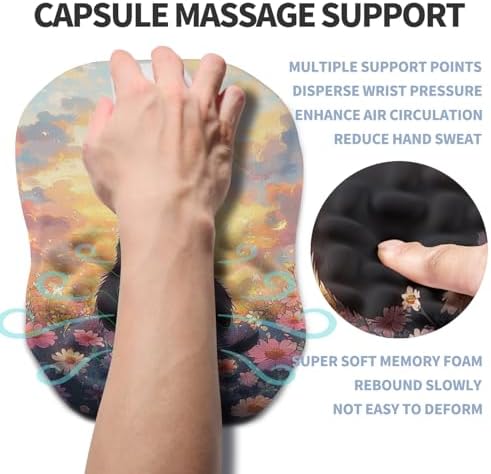 Ergonomic Raised Mouse Pad Wrist Support with Bilateral Slope Memory Foam Mousepad for Wrist Rest and Carpal Tunnel Pain Relief 11.8x7.9〃Flower Sea Cat