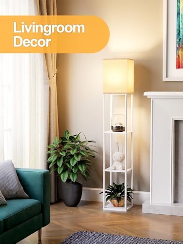 Floor Lamp with Shelves for Living Room White, Shelf Floor Lamp with 3 CCT LED Bulb, Corner Display Standing Column Lamp Etagere Organizer Tower Nightstand with White Linen Shade for Bedroom, Office