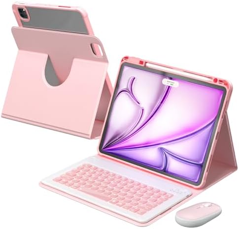YBING for iPad Air 13 Inch & Pro 12.9 Keyboard Case with Mouse, 7 Colors Backlit Keyboard & 360 Rotating Cover with Pencil Holder for iPad Pro 12.9 (6th, 5th, 4th gen), Air 13 M4/M3/M2 (Pink)