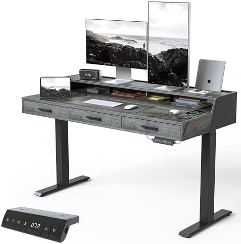 CubiCubi One-Piece Standing Desk 55x26 with 3 Wood Drawers, Antique Grey