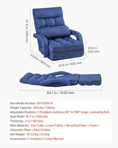 VEVOR Floor Chair, 5 Adjustable Positions Folding Floor Gaming Chair with Back Support, Armrests, and Cushion, Sturdy Metal Frame with Recycled Foam and Linen Fabric, for Reading, Relaxing, Dark Blue