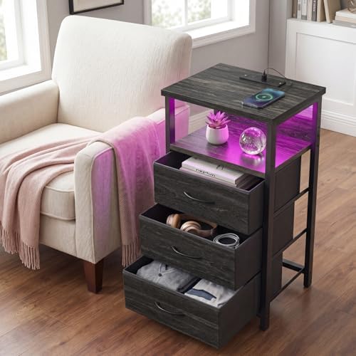 Fixwal Night Stand with 3 Fabric Drawers, Nightstand with Charging Station