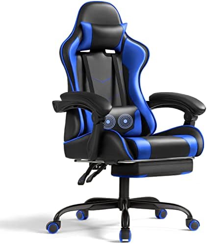 Shahoo Gaming Chair with Footrest and Massage Lumbar Support, Video Game Chairs Height Adjustable Seat with Headrest for Office or Bedroom, Study Room, Dark Blue
