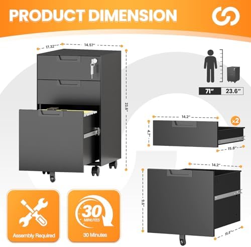 3 Drawer File Cabinet with Lock, Fully Assembled Metal Mobile Filing Cabinets for Home Office, Small Rolling File Caninet on Wheels for Legal/Letter / A4 File, Black