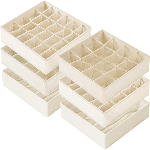 Criusia 6 Pcs Drawer Organizer Clothes - 90 Cells Closet Organizers and Storage for Baby Nursery - Washable Fabric Dresser Organizer Dividers for Sock Underwear Bra Dorm Room Essentials (Beige)