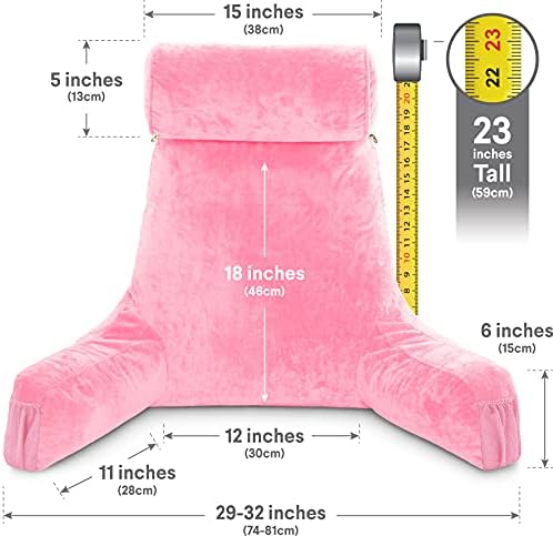 Husband Pillow Medium Reading Pillow with Arms - 23" Backrest for Sitting Up in Bed - Firm Support Bed Rest Pillow for Adults, Neck Roll, Removable Cover - TV, Reading, Lounging - Pink