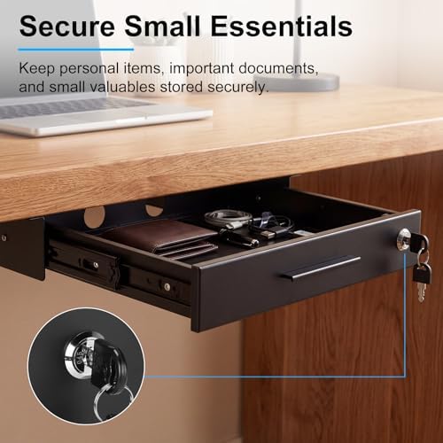 Menkxi 18'' x 12'' Under Desk Drawer Slide Out Storage Organizer, Lockable Metal Desk Drawer for Laptop and Office Accessories, Large Hidden Under Table Storage Box with Cable Management, Black