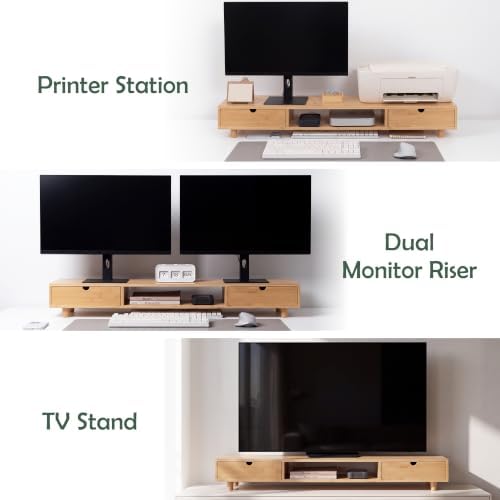 Bamboo Dual Monitor Stand, Natural Desk Shelf with 2 Drawers