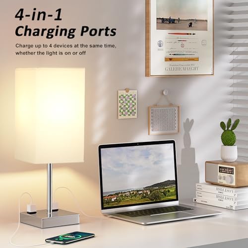 17.4" White Touch Table Lamp for Bedroom - Dimmable, USB C+A, 2 AC Outlets