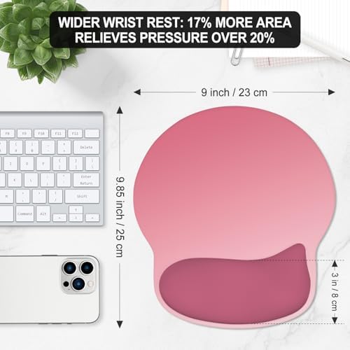 ITNRSIIET Ergonomic Mouse Pad with Wider Memory Foam Wrist Rest +17% - Curved Cushion Reduces Pressure 20%, Pain Relief, Non-Slip, Smooth, Cute Colors, 9.85 x 9 in, Pink