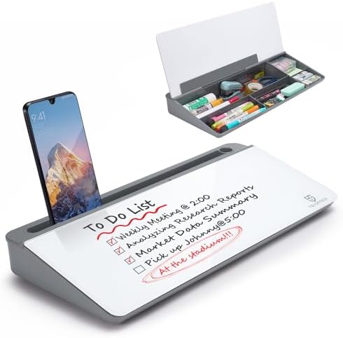 Small Desktop Glass Whiteboard Dry-Erase-Board - Computer Keyboard Stand White Board Surface Pad with Drawer, Desk Organizers with Accessories for Office, Home, School Supplies - Grey