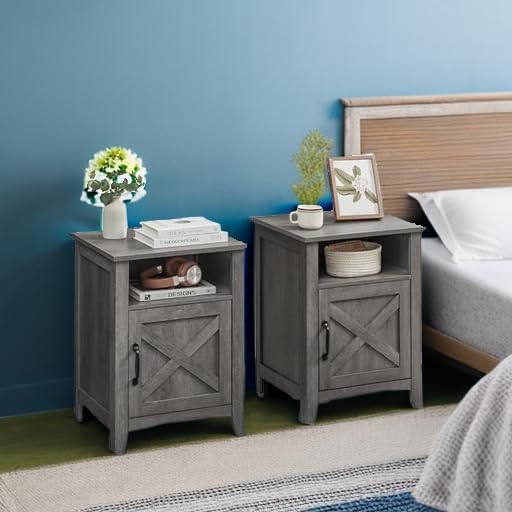VASAGLE Farmhouse Nightstand with Barn Door, Bedside Table for Bedroom