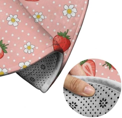 Large Home Decor Mat, Soft Round Yoga Carpet, Non Slip Machine Washable Home Office Circle Rug Floral Flowers Dots Cute Strawberries Pink Art, 36inch