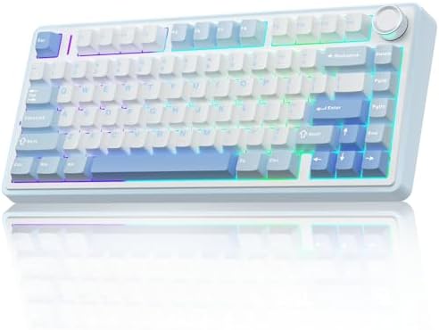 AULA F75 75% Wireless Mechanical Keyboard, Hot Swappable Creamy Keyboard, Pre-lubed Greywood Switches RGB Backlit Gaming Keyboards, 2.4GHz/Type-C/BT5.0(Salt White Blue)