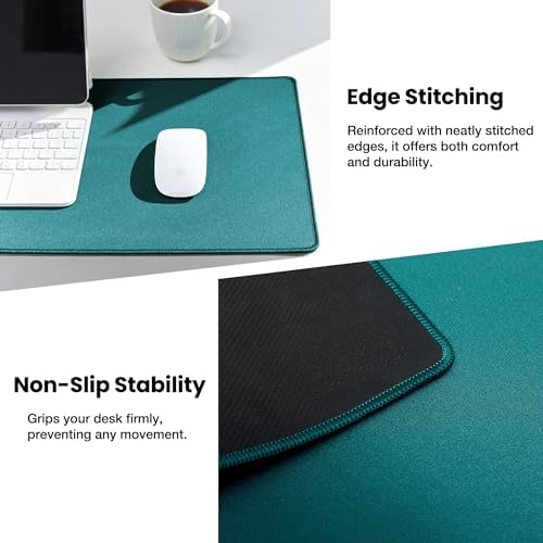 ALOANES Dark Green Waterproof Desk Mat,Large Extended Mouse Mat,Office Desk Protector with Anti-Slip Base,Stitched Edge,Grain Jacquard Surface,Perfect for Gamer,Office&Home, XL(11.81''x27.56''x0.12'')