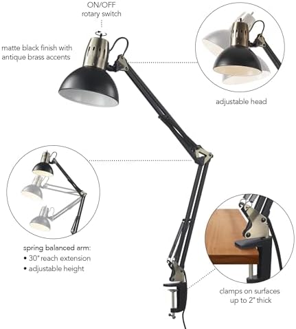 Globe Electric 62000009 32" Multi-Joint Desk Lamp with Metal Clamp, Matte Black, Antique Brass Accents, On/Off Rotary Switch on Shade, Partially Adjustable Swing Arm, Home Décor, Office Accessory