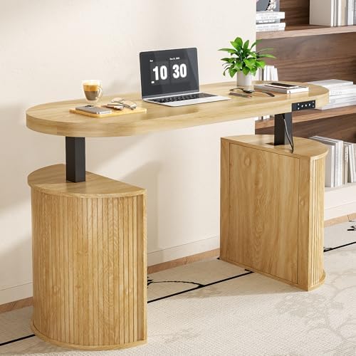 Mid Century Modern Electric Standing Desk with Storage, 55 x 22 Inch Small Sit Stand Up Desk, Wood Adjustable Height Computer Executive Desk for Home Office, Laptop, Oak