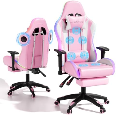 Mr IRONSTONE RGB Gaming Chair with Bluetooth Speakers, Multi-Point Vibration Massage Gaming Chair (Seat, Back & Lumbar), Ergonomic High Back Recliner, Footrest for Adults, Iridescent Pink