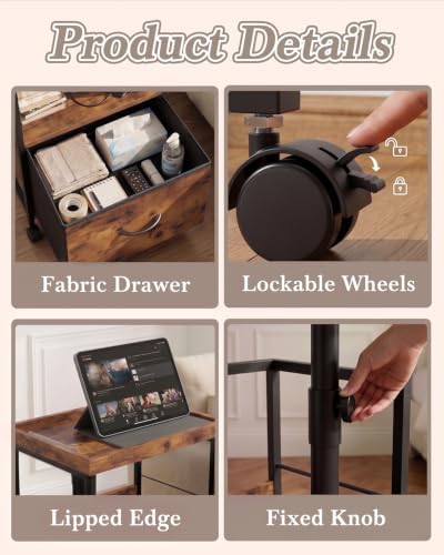 Faesun Night Stand with Charging Station & Swivel Tray Top, Brown