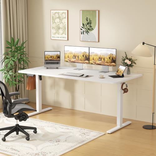 63 Inch Electric Standing Desk, Height Adjustable Sit to Stand Desk, Computer Workstation for Home Office and Gaming, Rising Table with Memory Preset & Splice Board, White