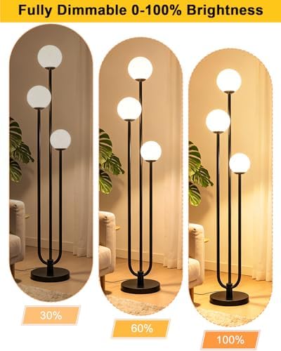 Lightdot 63IN Black Floor Lamp Dimmable with Mid Century Standing Lamps, 3000K Warm White Bulbs Included, Modern Globe Floor Lamp with 5Lbs Heavy Base for Living Room/Bedroom/Sofa Beside/Corner Decor